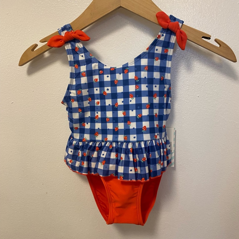 Blue and Orange two Piece Swim with Ruffle Detail. Size 5